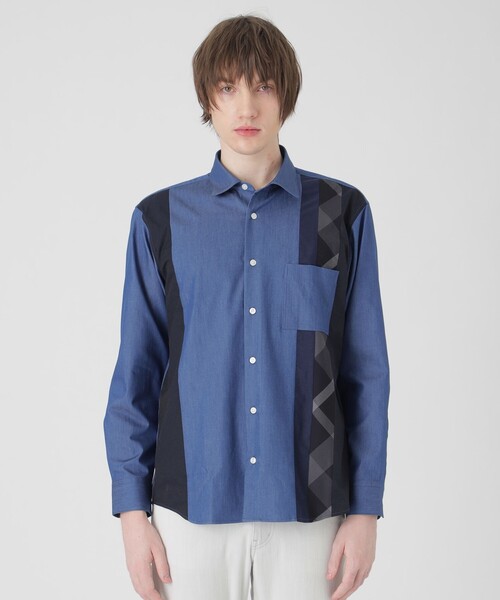 【BLACK LABEL CREST BRIDGE】パッチワークデザインシャツ BLACK LABEL CRESTBRIDGE シャツ デニムライクストライプパッチ