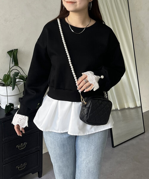 prose verse tシャツ パール付きレース袖ドッキングペプラム