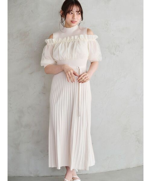今期！美品！MERCURYDUO 異素材ドッキングオフショルワンピース Sサイズ MERCURYDUO ワンピース 異素材チュールドッキングオフショル