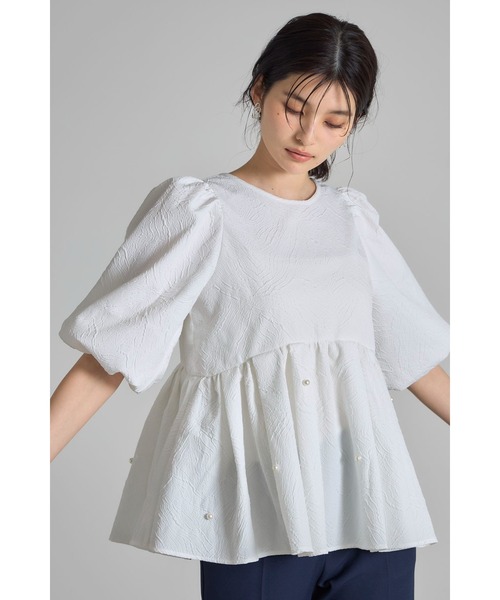 ブラウス シャツ 前後2WAYふくれジャガードパール付きチュニック レディース