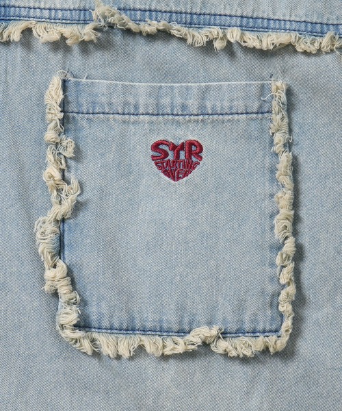 パーカー Fringe denim one point hoodie/フリンジデニム ワンポイント刺繍 半袖パーカー メンズ レディース