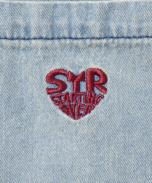 パーカー Fringe denim one point hoodie/フリンジデニム ワンポイント刺繍 半袖パーカー メンズ レディース