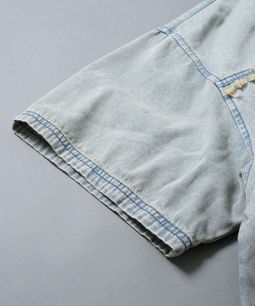 パーカー Fringe denim one point hoodie/フリンジデニム ワンポイント刺繍 半袖パーカー メンズ レディース