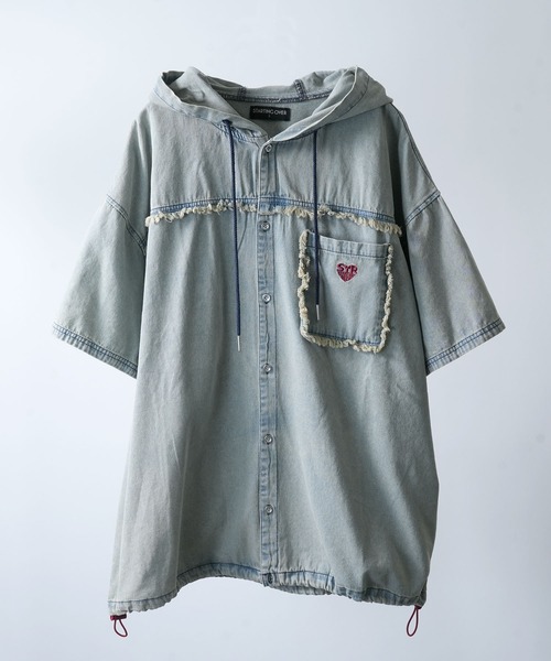 パーカー Fringe denim one point hoodie/フリンジデニム ワンポイント刺繍 半袖パーカー メンズ レディース
