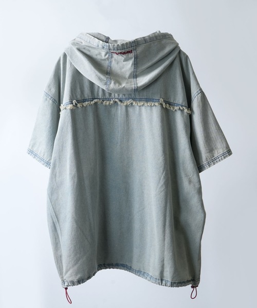 パーカー Fringe denim one point hoodie/フリンジデニム ワンポイント刺繍 半袖パーカー メンズ レディース