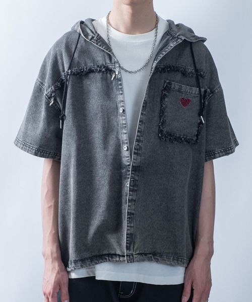 パーカー Fringe denim one point hoodie/フリンジデニム ワンポイント刺繍 半袖パーカー メンズ レディース