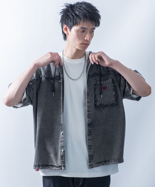 パーカー Fringe denim one point hoodie/フリンジデニム ワンポイント刺繍 半袖パーカー メンズ レディース