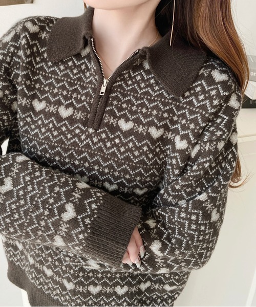 moment+ ニット セーター ノルディック柄ダブルジャガードハーフジップ