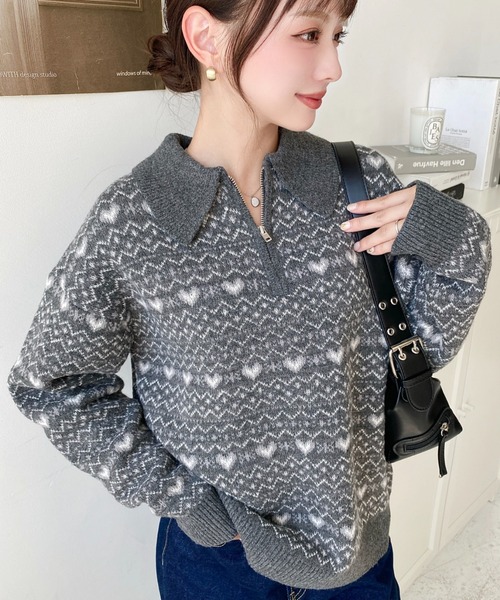 moment+ ニット セーター ノルディック柄ダブルジャガードハーフジップ