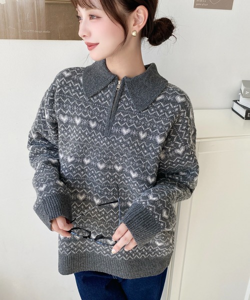 マロン　ニット2枚セット moment+ ニット セーター ノルディック柄ダブルジャガードハーフジップ