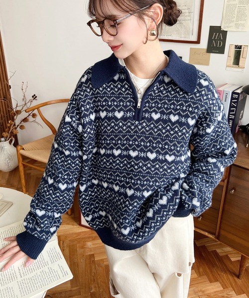 moment+ ニット セーター ノルディック柄ダブルジャガードハーフジップ