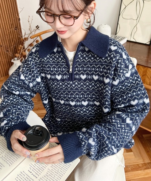 moment+ ニット セーター ノルディック柄ダブルジャガードハーフジップ