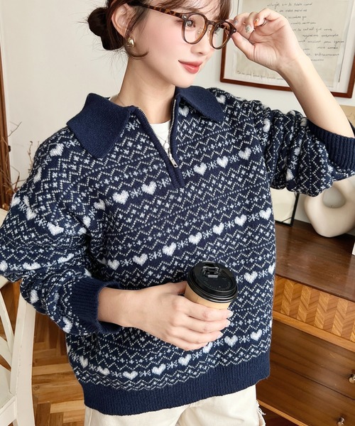 moment+ ニット セーター ノルディック柄ダブルジャガードハーフジップ