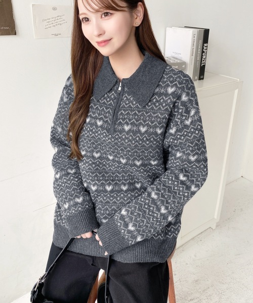 moment+ ニット セーター ノルディック柄ダブルジャガードハーフジップ