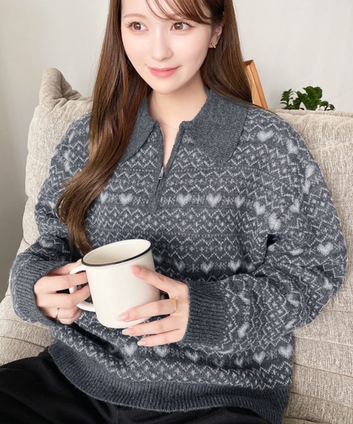 moment+ ニット セーター ノルディック柄ダブルジャガードハーフジップ