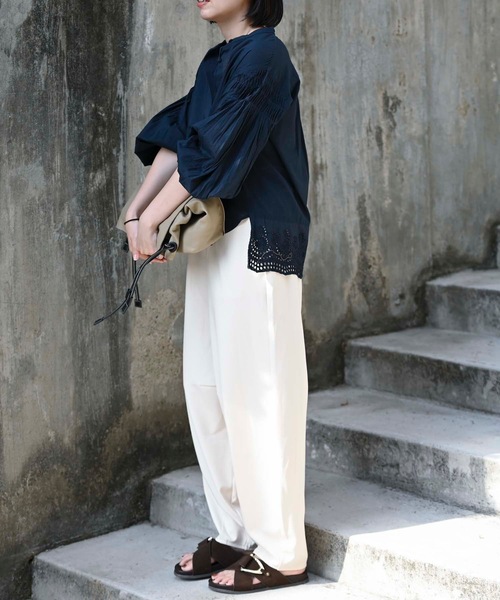 コットン100パーセントブラウス ＆HALF ブラウス シャツ 袖ギャザーバック刺繍ブラウス（インド