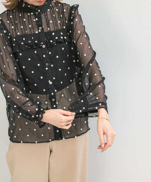 ブラウス シャツ Frill Piping Floral Blouse レディース ブラウス シャツ 「WEB限定」フラワー刺繍フリルネックブラウス