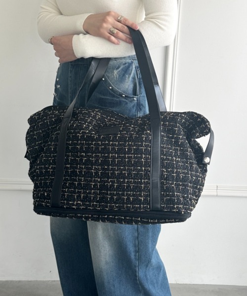 ボストンバッグ 「拡張型」ツイード風トラベルボストンバッグ