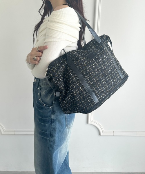 ボストンバッグ 「拡張型」ツイード風トラベルボストンバッグ