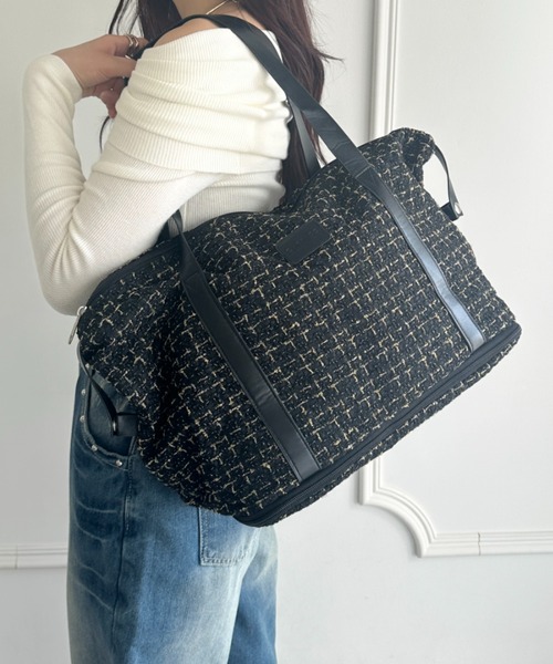 ボストンバッグ 「拡張型」ツイード風トラベルボストンバッグ