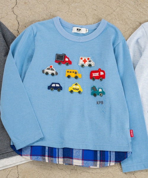 KP BOY（ケーピーボーイ） tシャツ 車アップリケ×裾チェック 長袖T