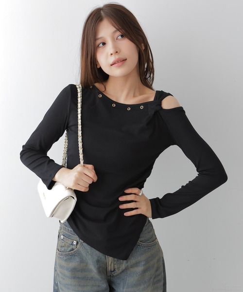courrege アシンメトリーTシャツ　ワンショルダー クレージュ Asymetric Shortsleeve T-Shirt ブラック ワンショルダー