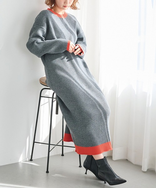 LAVEANGE（ラビアンジェ） ワンピース 「洗える」配色ニットワンピース