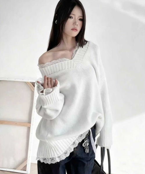 STAY MOTION ニット セーター 「WEB限定」レース付きVネックニット