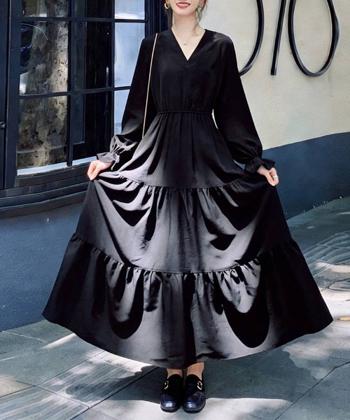 ワンピース Vネック×ティアードロングワンピース : ZOZOTOWN Yahoo!店
