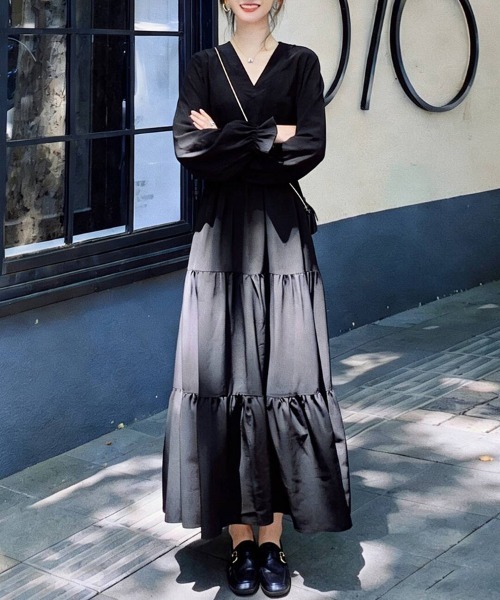 ワンピース Vネック×ティアードロングワンピース : ZOZOTOWN Yahoo!店