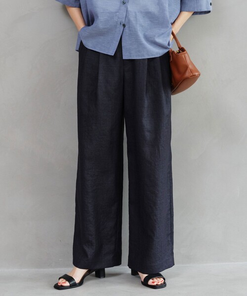 ワイドパンツ スラックス パンツ 「size SHORT/TALLあり」ライト リネンライク タック ワイドパンツ UVカット 通気性 レディースの画像