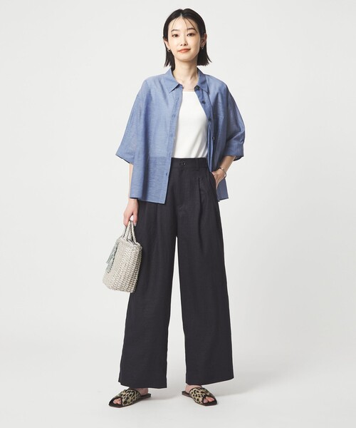 ワイドパンツ スラックス パンツ 「size SHORT/TALLあり」ライト リネンライク タック ワイドパンツ UVカット 通気性 レディースの画像
