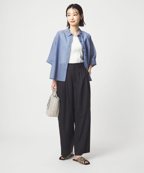 ワイドパンツ スラックス パンツ 「size SHORT/TALLあり」ライト リネンライク タック ワイドパンツ UVカット 通気性 レディースの画像