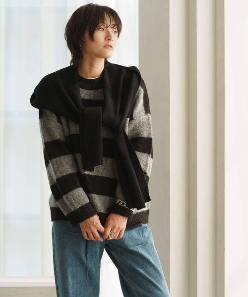 Mia ニット セーター ボーダークルーネックプルオーバー レディース