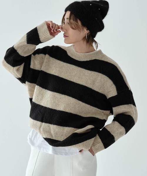 Mia ニット セーター ボーダークルーネックプルオーバー レディース