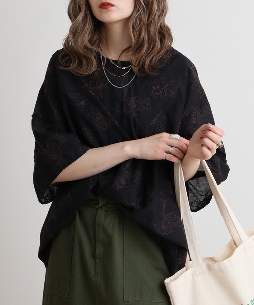 ブラウス シャツ EMAGO ティータイム総柄刺繍ブラウス レディース
