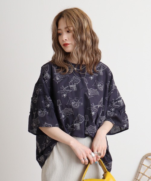 ブラウス シャツ EMAGO ティータイム総柄刺繍シャツ レディース Emago ブラウス シャツ EMAGO ティータイム総柄刺繍シャツ