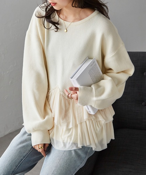 ニット セーター もちもち裾チュールドッキングニット レディース RANAN ニット セーター もちもち裾チュールドッキングニット
