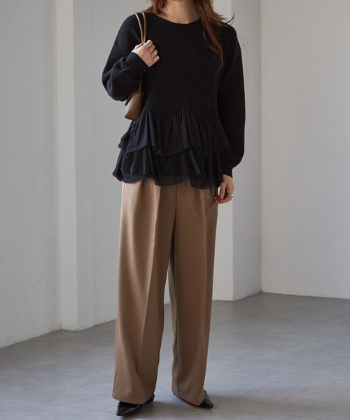 21aw 裾ドッキングニット ムースタッチライト＞洗える！裾チュールドッキングニット - ベルーナ