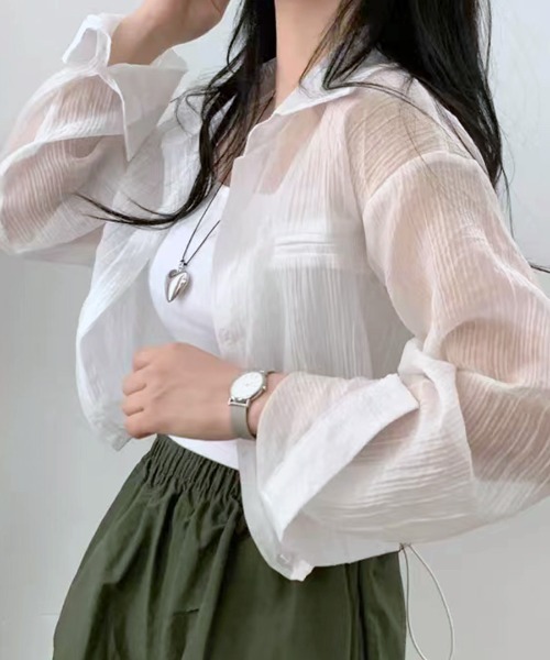 ブラウス シャツ ドロストシャーリングシアーシャツ レディース She's Closet ブラウス シャツ バンドカラー長袖ドロスト