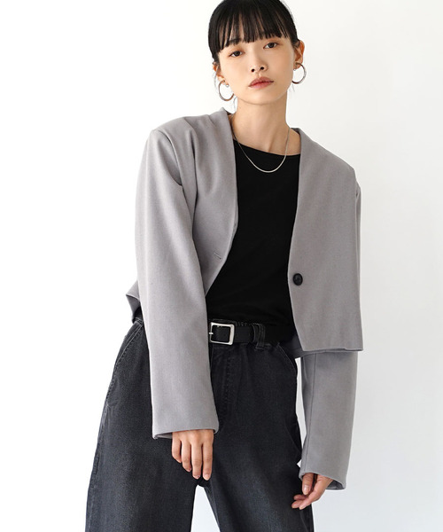 Y's ショートジャケット グレー 2 e-zakkamania stores ジャケット ノーカラージャケット ノーカラー