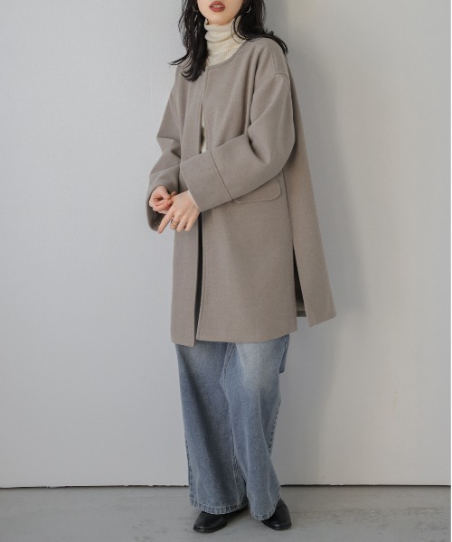 Lajour ノーカラーコート コート ノーカラーウールライクコート