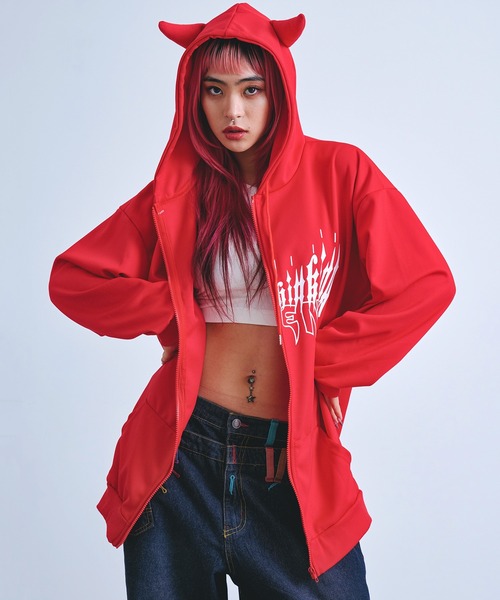 CFIERCE ジップパーカー デビルパーカー S BENDER TOKYO パーカー デビル ツノ フードデザイン しっぽ付き