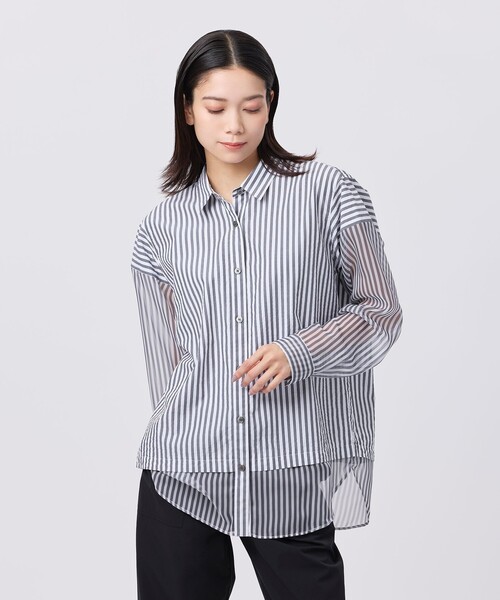 ブラウス シャツ 「カタログ掲載品」「ウォッシャブル」シアーコンビストライプロングシャツ レディース