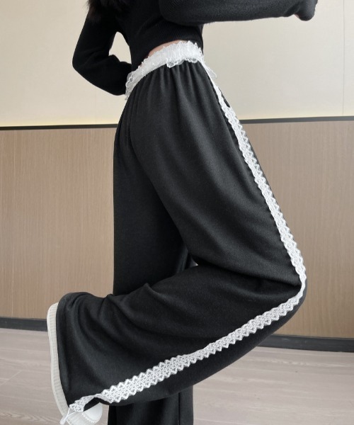 ワイドパンツ スウェットパンツ ジャージ サイドレースライン ドロスト