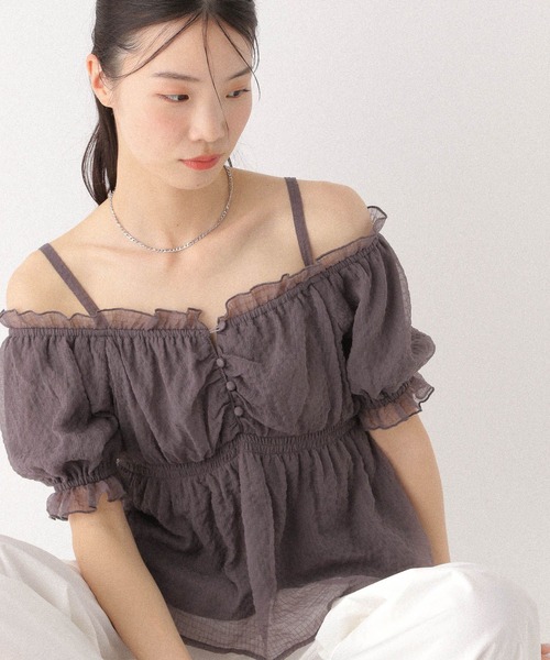 ひさちです。 Heather ブラウス シャツ シアーチェックオフショルブラウス
