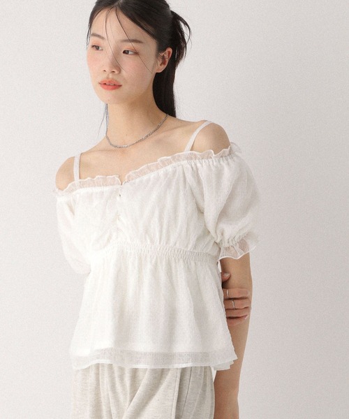ブラウス シャツ オフショルストラップチェックペプラムブラウス レディース VEILA ブラウス シャツ チェック柄シアーオフショルトップス