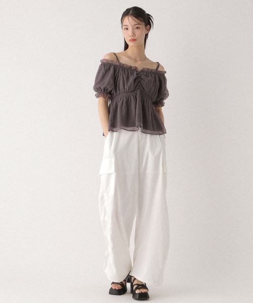 Heather ブラウス シャツ シアーチェックオフショルブラウス