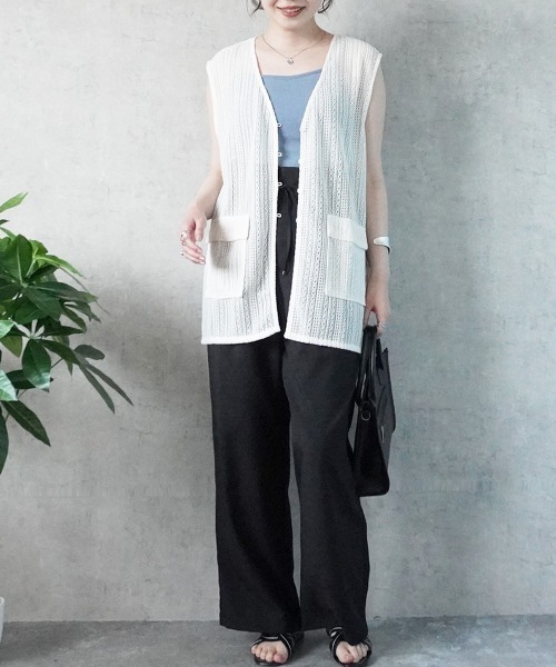 3968 美品 EMBA ジレ ハーフベスト レザー×ウィーゼルFサイズ Emma（エマ） ベスト ジレ 透かし編みレースジレベスト レディース