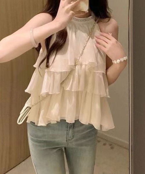 tシャツ プチハイネックティアードノースリーブトップス レディース